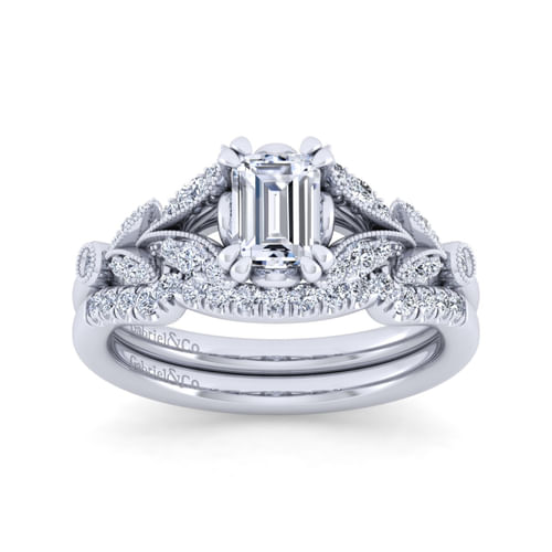 Vintage Inspired 14K White Gold Split Shank Emerald Cut Diamond Engagement Ring