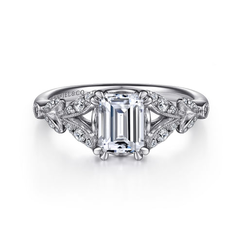 Vintage Inspired 14K White Gold Split Shank Emerald Cut Diamond Engagement Ring