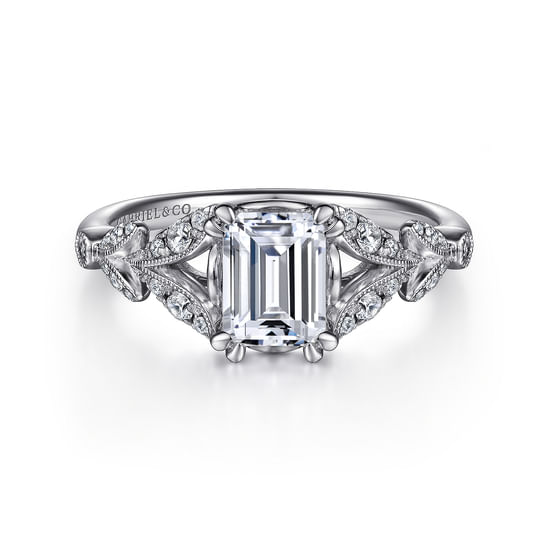Gabriel - Vintage Inspired 14K White Gold Split Shank Emerald Cut Diamond Engagement Ring
