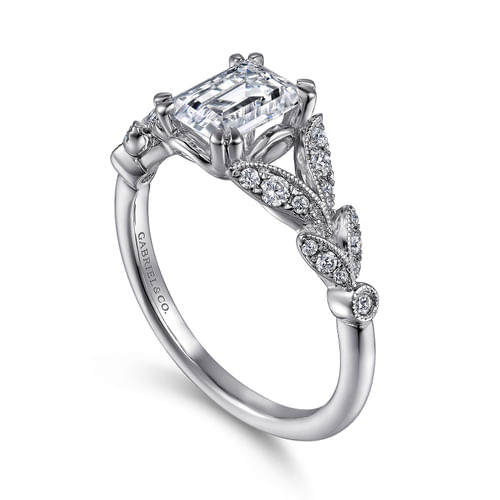 Vintage Inspired 14K White Gold Split Shank Emerald Cut Diamond Engagement Ring