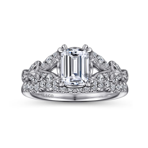 Vintage Inspired 14K White Gold Split Shank Emerald Cut Diamond Engagement Ring
