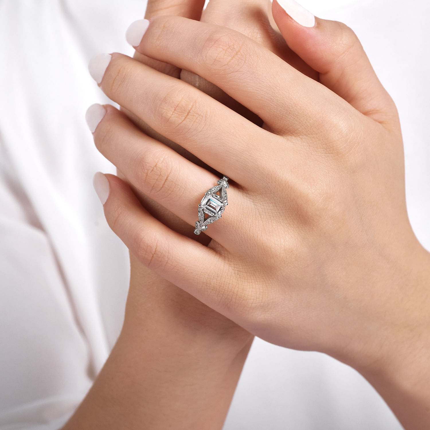 Vintage Inspired 14K White Gold Split Shank Emerald Cut Diamond Engagement Ring