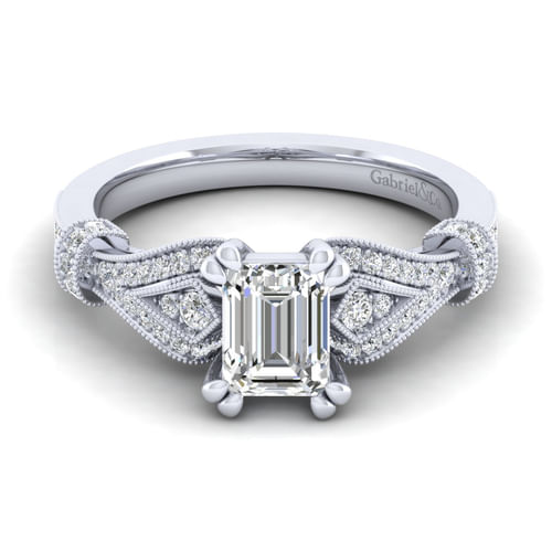 Vintage Inspired 14K White Gold Split Shank Emerald Cut Diamond Engagement Ring