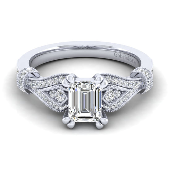 Gabriel - Vintage Inspired 14K White Gold Split Shank Emerald Cut Diamond Engagement Ring