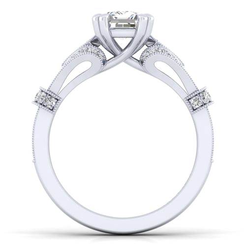 Vintage Inspired 14K White Gold Split Shank Emerald Cut Diamond Engagement Ring
