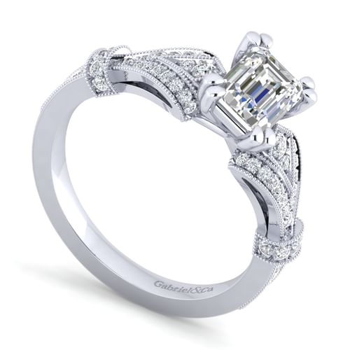 Vintage Inspired 14K White Gold Split Shank Emerald Cut Diamond Engagement Ring