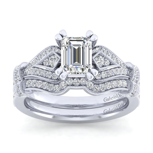 Vintage Inspired 14K White Gold Split Shank Emerald Cut Diamond Engagement Ring