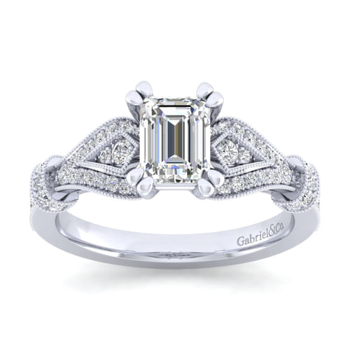Vintage Inspired 14K White Gold Split Shank Emerald Cut Diamond Engagement Ring