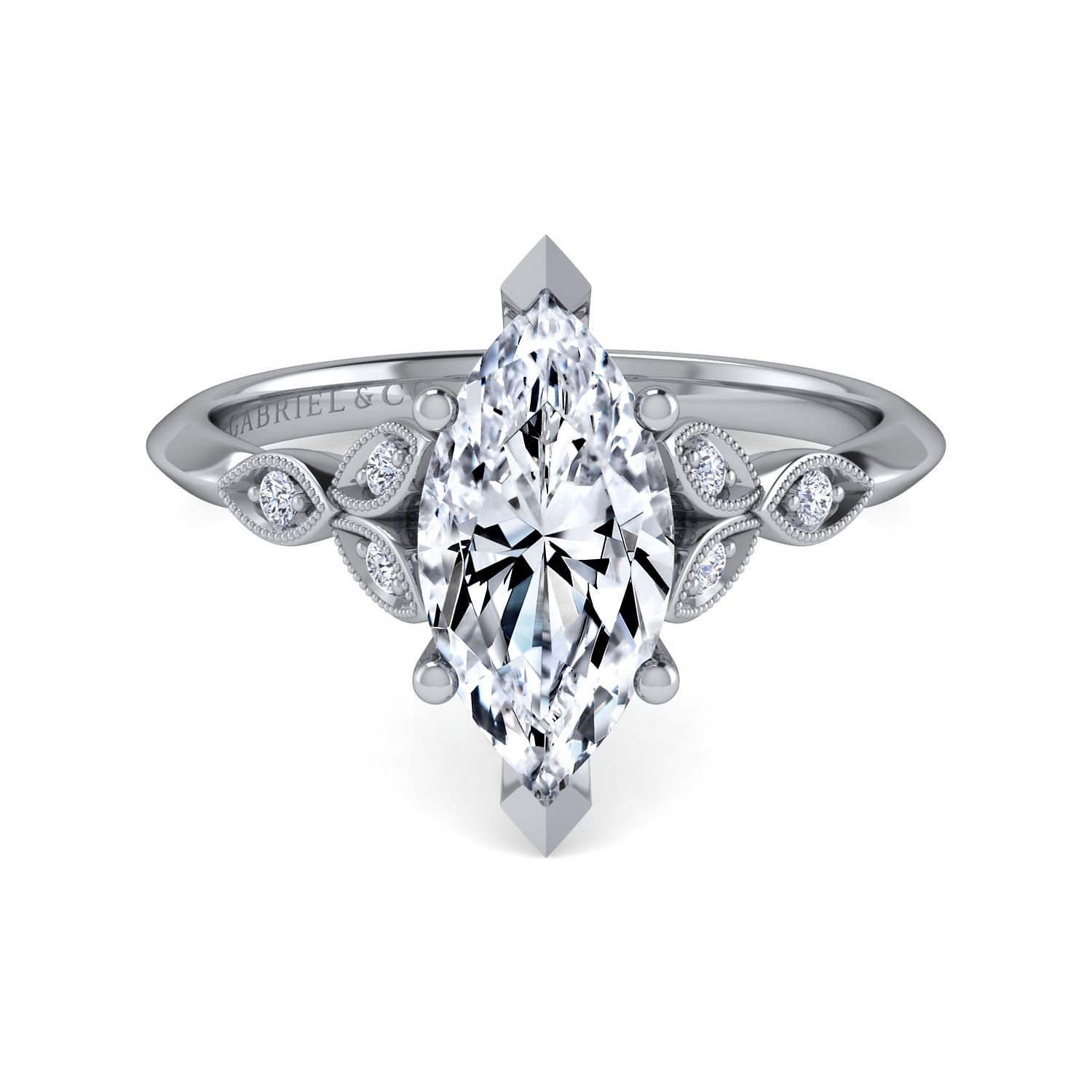 Vintage Inspired 14K White Gold Split Shank Marquise Shape Diamond Engagement Ring