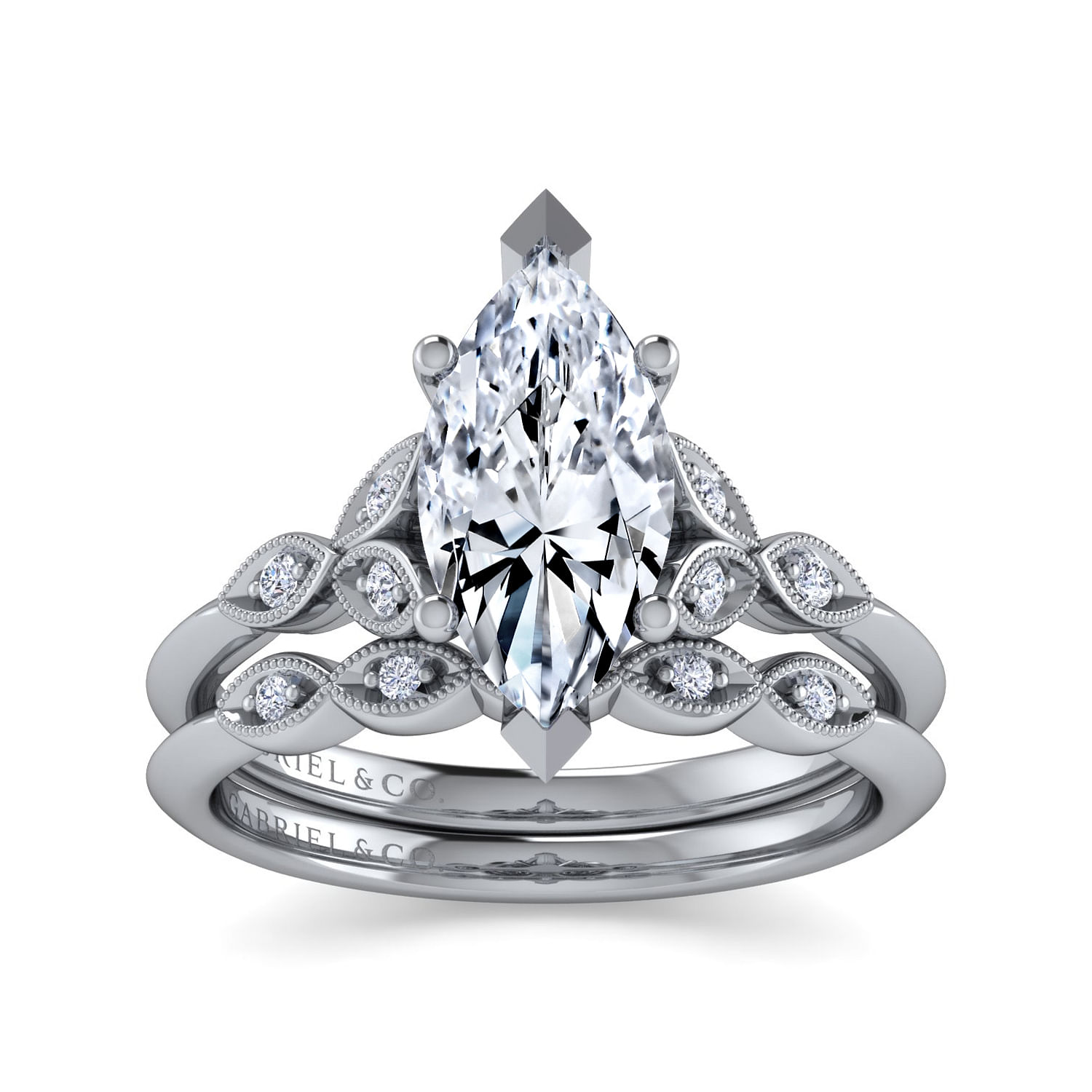 Vintage Inspired 14K White Gold Split Shank Marquise Shape Diamond Engagement Ring
