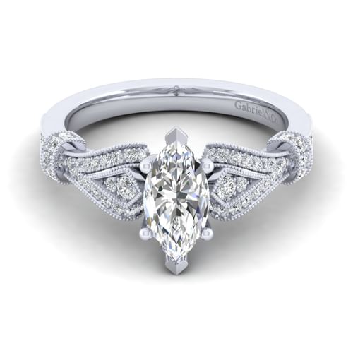 Vintage Inspired 14K White Gold Split Shank Marquise Shape Diamond Engagement Ring