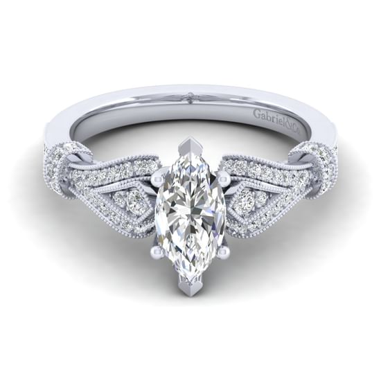 Gabriel - Vintage Inspired 14K White Gold Split Shank Marquise Shape Diamond Engagement Ring