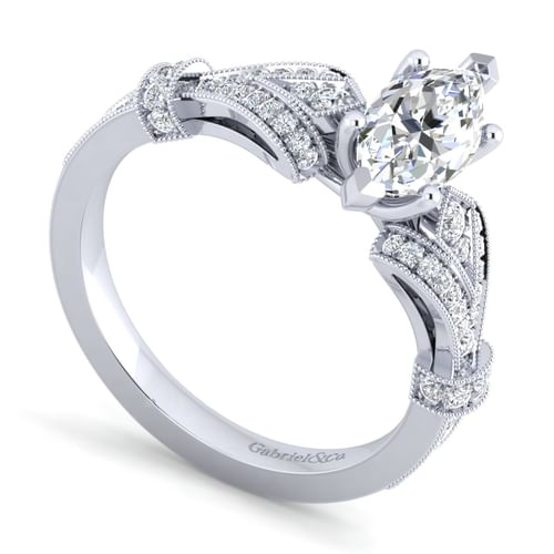 Vintage Inspired 14K White Gold Split Shank Marquise Shape Diamond Engagement Ring