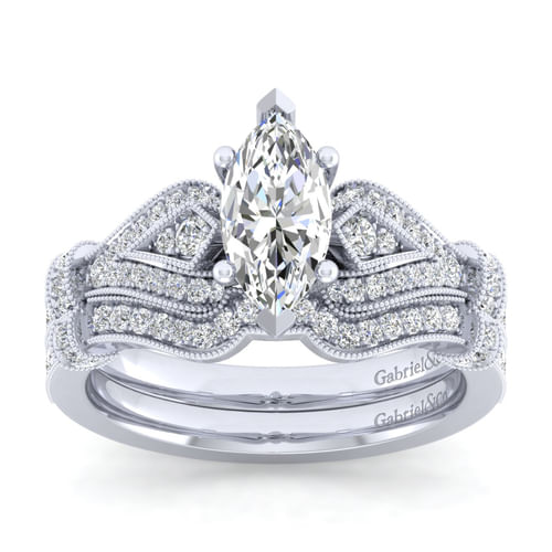 Vintage Inspired 14K White Gold Split Shank Marquise Shape Diamond Engagement Ring
