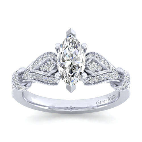Vintage Inspired 14K White Gold Split Shank Marquise Shape Diamond Engagement Ring