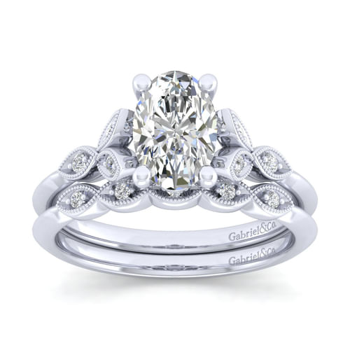 Vintage Inspired 14K White Gold Split Shank Oval Diamond Engagement Ring
