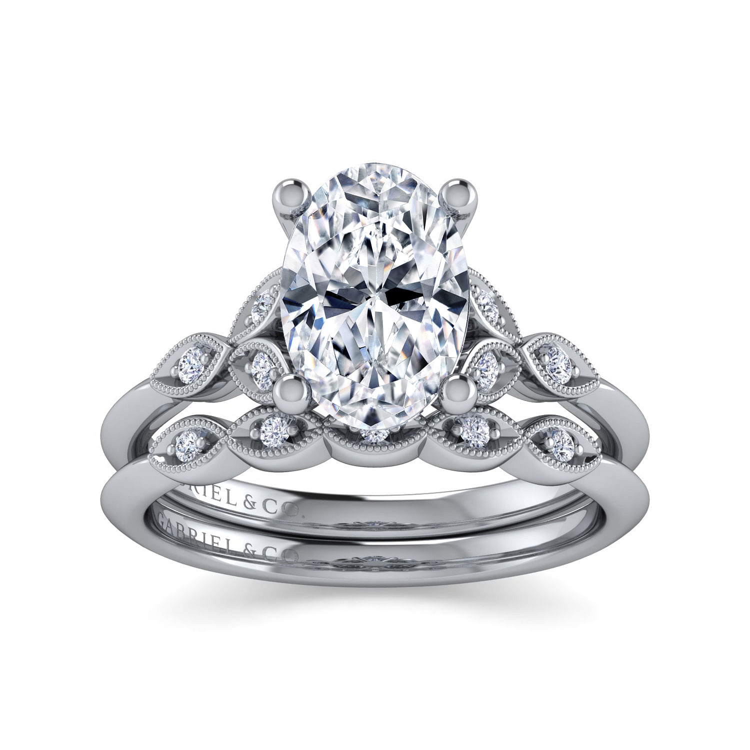 Vintage Inspired 14K White Gold Split Shank Oval Diamond Engagement Ring