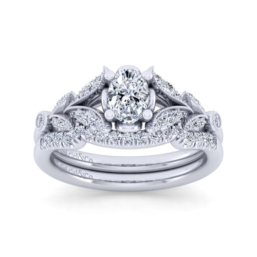 Vintage Inspired 14K White Gold Split Shank Oval Diamond Engagement Ring