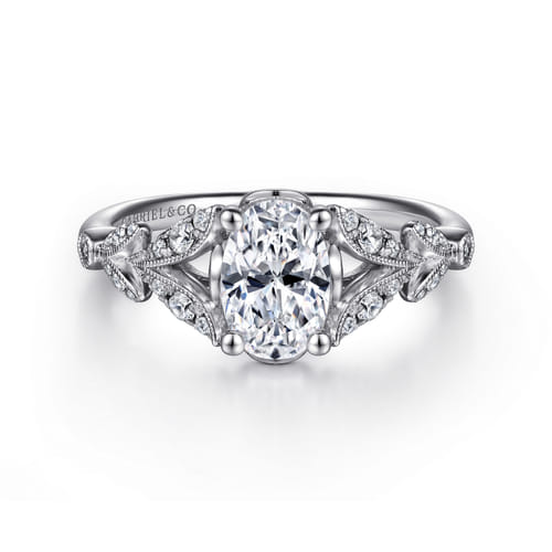 Vintage Inspired 14K White Gold Split Shank Oval Diamond Engagement Ring Vintage Inspired 14K White Gold Split Shank Oval Diamond Engagement Ring