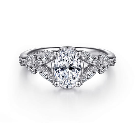 Gabriel - Vintage Inspired 14K White Gold Split Shank Oval Diamond Engagement Ring