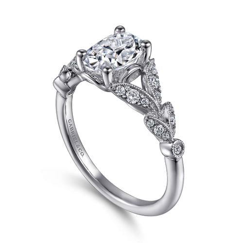 Vintage Inspired 14K White Gold Split Shank Oval Diamond Engagement Ring