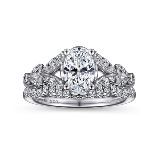Vintage Inspired 14K White Gold Split Shank Oval Diamond Engagement Ring