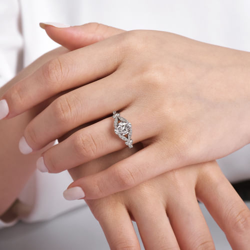 Vintage Inspired 14K White Gold Split Shank Oval Diamond Engagement Ring