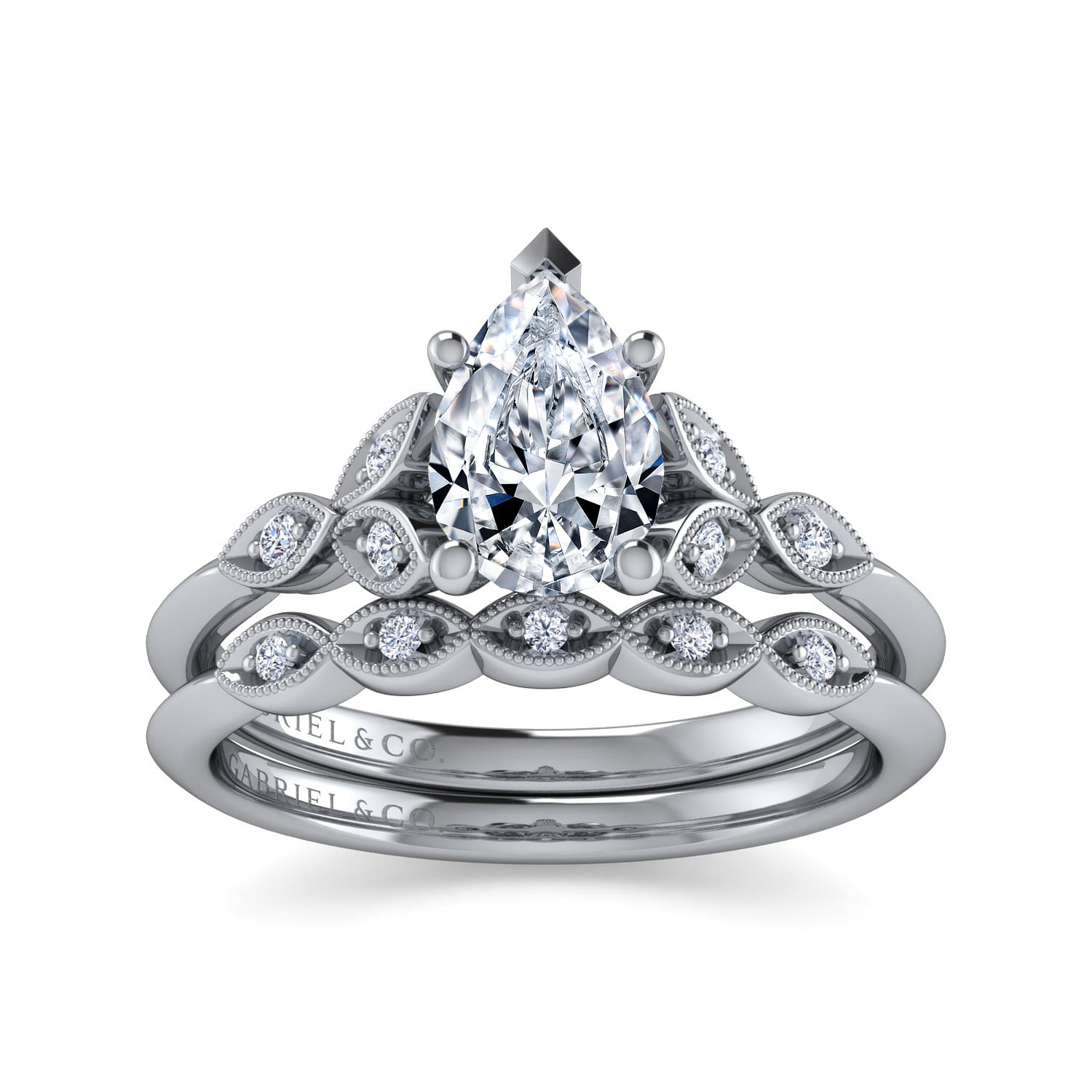 Vintage Inspired 14K White Gold Split Shank Pear Shape Diamond Engagement Ring
