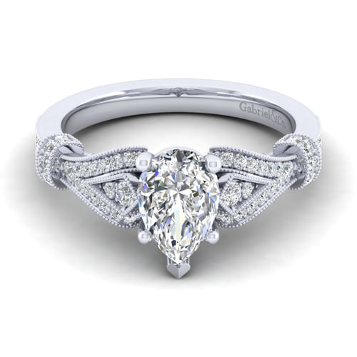 Vintage Inspired 14K White Gold Split Shank Pear Shape Diamond Engagement Ring