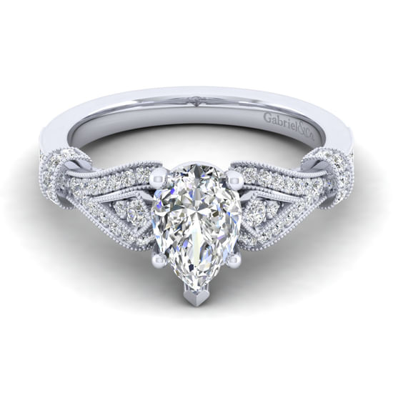Gabriel - Vintage Inspired 14K White Gold Split Shank Pear Shape Diamond Engagement Ring
