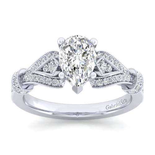 Vintage Inspired 14K White Gold Split Shank Pear Shape Diamond Engagement Ring