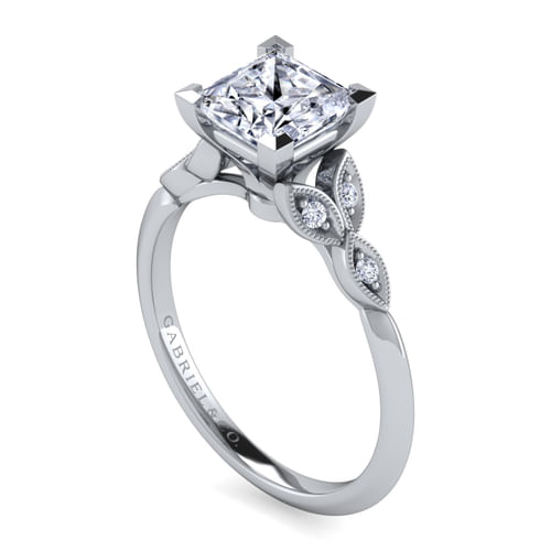 Vintage Inspired 14K White Gold Split Shank Princess Cut Diamond Engagement Ring
