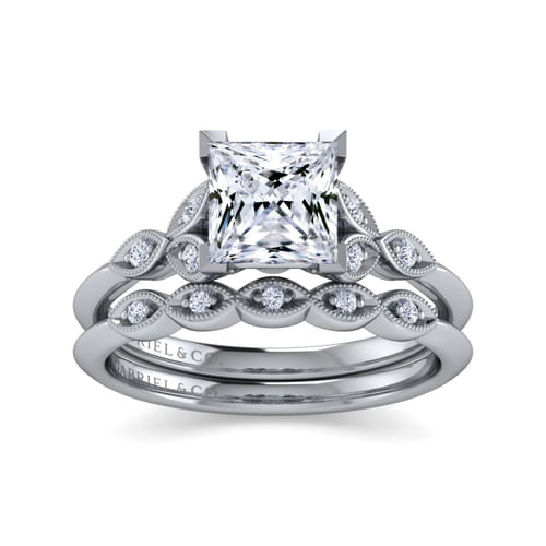 Vintage Inspired 14K White Gold Split Shank Princess Cut Diamond Engagement Ring