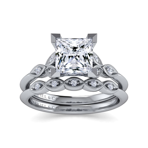 Vintage Inspired 14K White Gold Split Shank Princess Cut Diamond Engagement Ring
