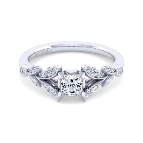 Vintage Inspired 14K White Gold Split Shank Princess Cut Diamond Engagement Ring