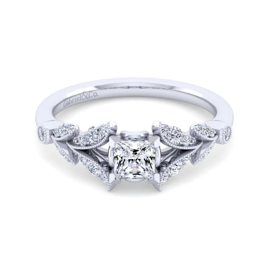 Gabriel - Vintage Inspired 14K White Gold Split Shank Princess Cut Diamond Engagement Ring