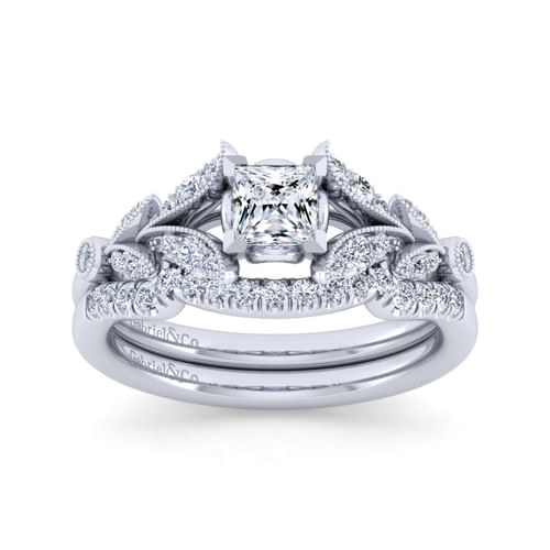 Vintage Inspired 14K White Gold Split Shank Princess Cut Diamond Engagement Ring