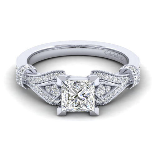 Vintage Inspired 14K White Gold Split Shank Princess Cut Diamond Engagement Ring