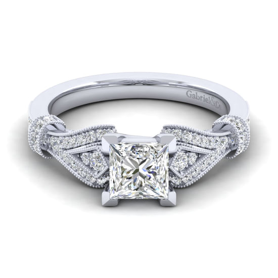 Gabriel - Vintage Inspired 14K White Gold Split Shank Princess Cut Diamond Engagement Ring