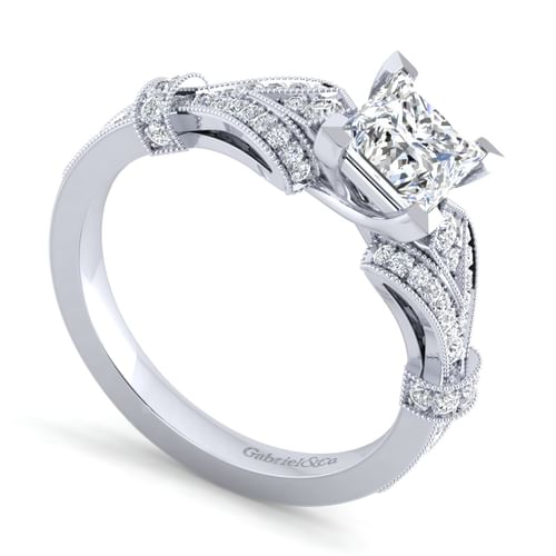Vintage Inspired 14K White Gold Split Shank Princess Cut Diamond Engagement Ring