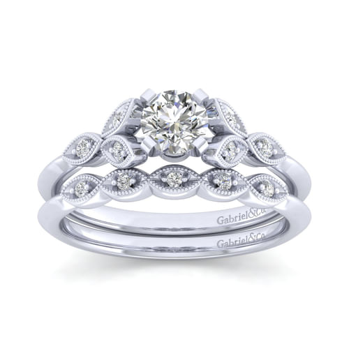 Vintage Inspired 14K White Gold Split Shank Round Diamond Engagement Ring