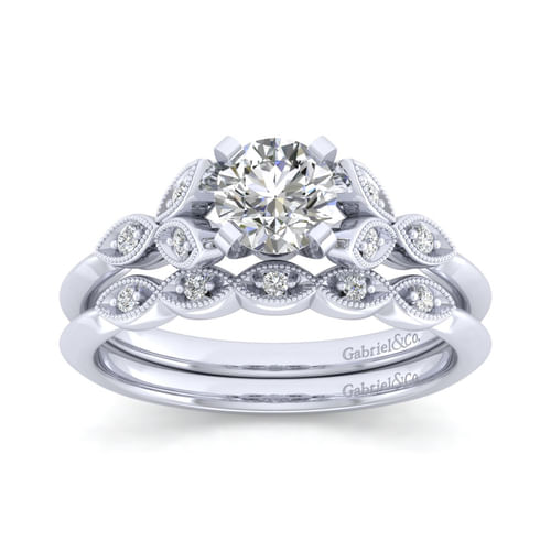 Vintage Inspired 14K White Gold Split Shank Round Diamond Engagement Ring