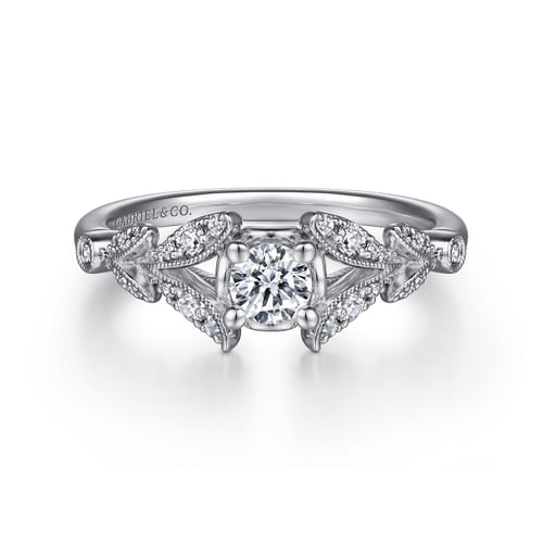 Vintage Inspired 14K White Gold Split Shank Round Diamond Engagement Ring