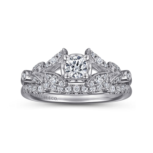 Vintage Inspired 14K White Gold Split Shank Round Diamond Engagement Ring