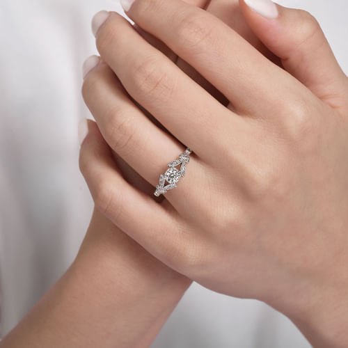 Vintage Inspired 14K White Gold Split Shank Round Diamond Engagement Ring