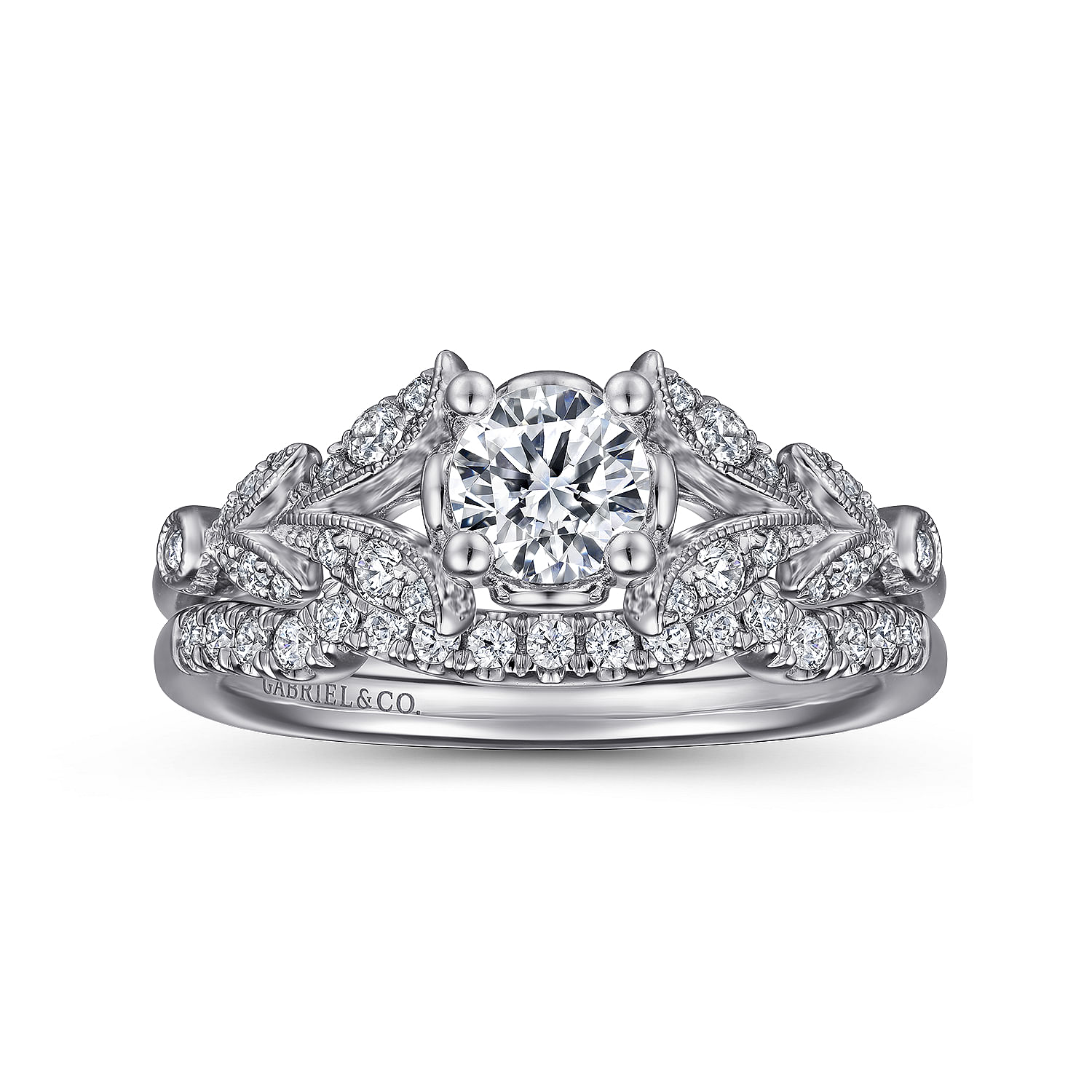 Vintage Inspired 14K White Gold Split Shank Round Diamond Engagement Ring