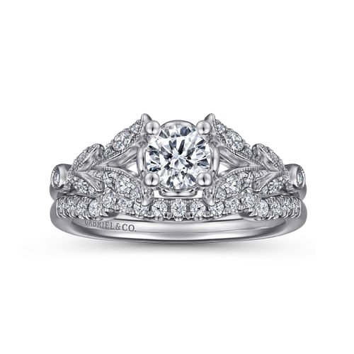 Vintage Inspired 14K White Gold Split Shank Round Diamond Engagement Ring