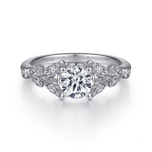 Vintage Inspired 14K White Gold Split Shank Round Diamond Engagement Ring