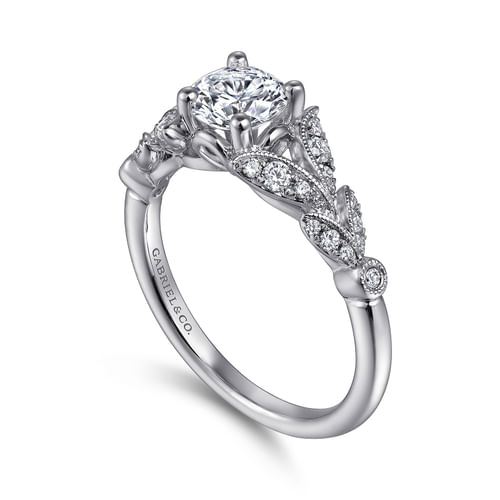 Vintage Inspired 14K White Gold Split Shank Round Diamond Engagement Ring