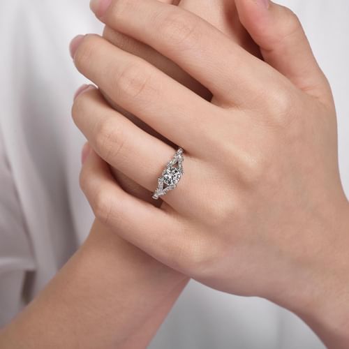 Vintage Inspired 14K White Gold Split Shank Round Diamond Engagement Ring